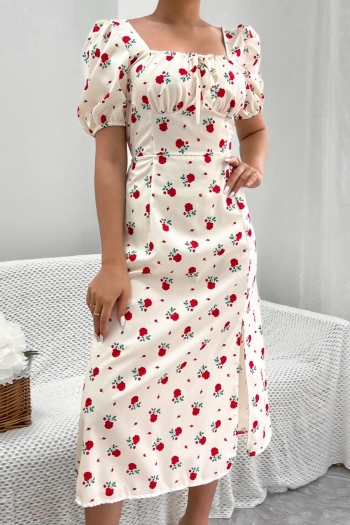 casual non-stretch floral batch printing lace-up square neck slit midi dress#11