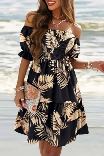 stylish plus size non-stretch leaf printing short sleeve mini dress