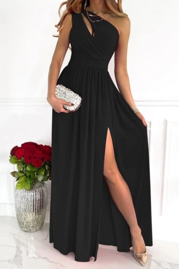 Sexy plus size solid color non-stretch hollow one shoulder slit maxi dress（AA011588）