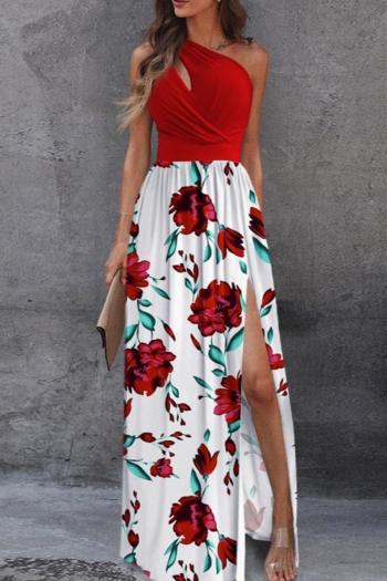 sexy plus size floral print non-stretch hollow one shoulder slit maxi dress #3 (aa011593)