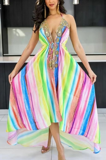 stylish plus size non-stretch halter neck multicolor stripes backless maxi dress