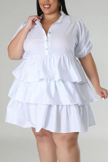 casual plus size non-stretch solid color button ruffles loose mini dress