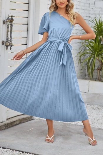 casual non-stretch pleated one shoulder with belt midi dress
