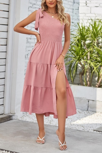 casual slight stretch shirring lace-up one shoulder midi dress