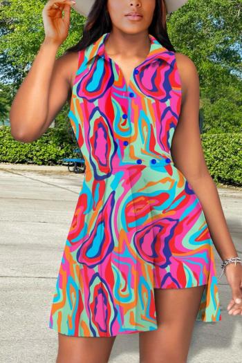 stylish plus size non-stretch button multicolor batch printing mini dress