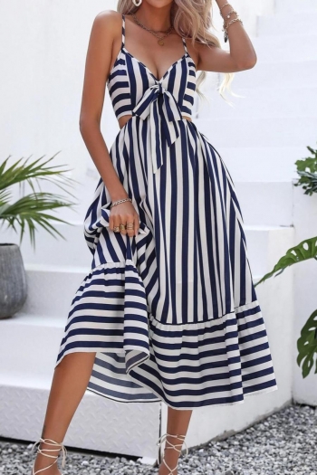 sexy non-stretch stripe printing hollow low-cut sling zip-up midi dress