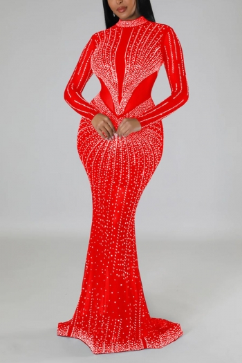 sexy plus-size slight stretch mesh rhinestone zip-up maxi dress