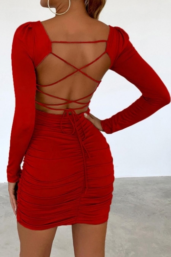 xs-l sexy slight stretch 4 colors backless lace-up ruched bodycon mini dress