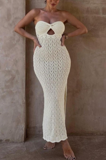sexy slight stretch strapless hollow knit high slit maxi dress