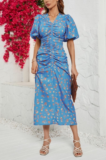 stylish non-stretch floral batch printing v-neck shirring zip-up midi dress