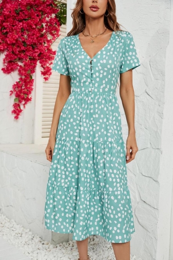 bohemian non-stretch dots printing v-neck midi dress