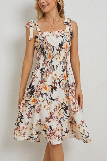 casual non-stretch flower batch printing lace-up midi dress