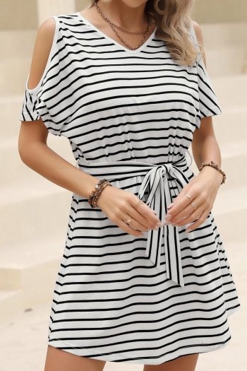 casual plus size slight stretch stripe printing hollow with belt mini dress