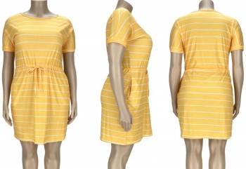 Casual l-4xl plus size stripe printing slight stretch pocket loose mini dress