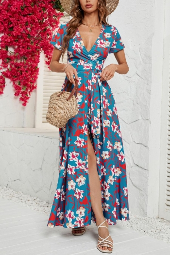 bohemian non-stretch floral batch print v-neck high split maxi dress with belt