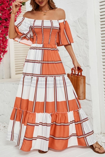 bohemian non-stretch 3 colors stripe printing off shoulder ruffle maxi dress