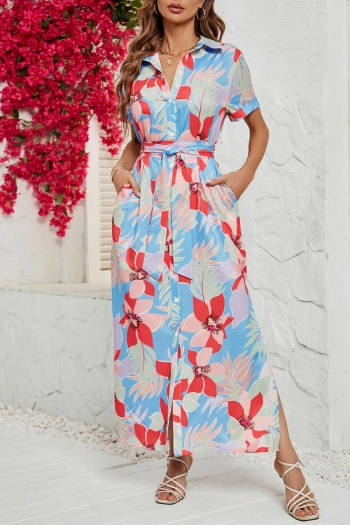 bohemian non-stretch floral batch printing single-breasted belt maxi shirtdress