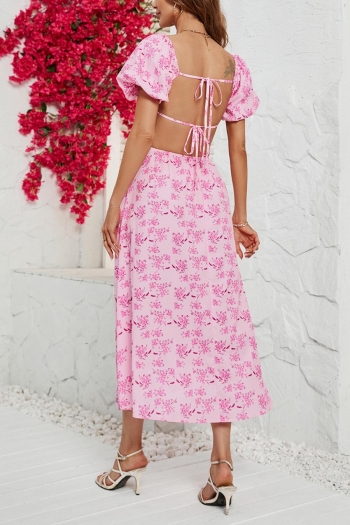 sexy bohemian non-stretch floral batch printing backless lace-up midi dress