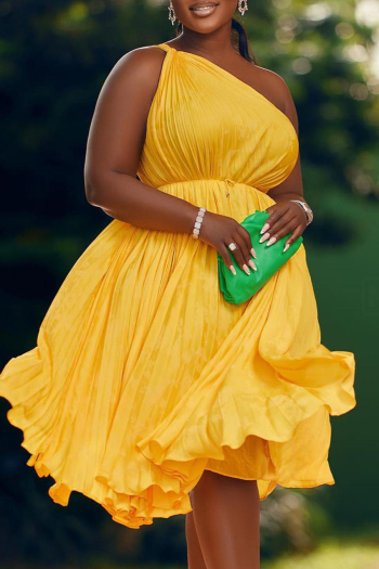 bohemian plus size non-stretch one shoulder pleated midi dress with belt