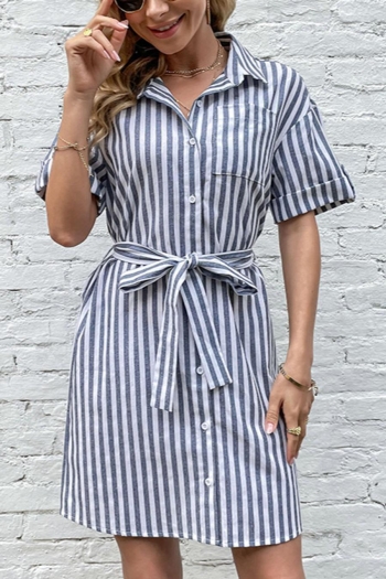 casual non-stretch shirt stripes with belt button loose mini dress