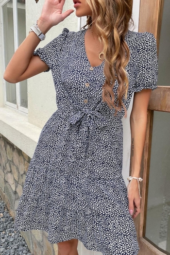 casual non-stretch batch printing shirring lace-up button loose mini dress