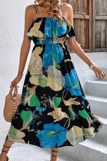 Casual slight stretch flower batch printing sling midi dress