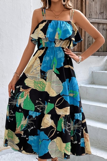 Casual slight stretch flower batch printing sling midi dress