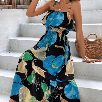 Casual slight stretch flower batch printing sling midi dress