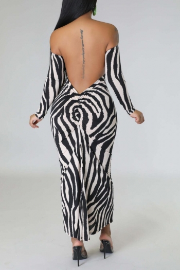 sexy plus size slight stretch zebra print off-shoulder backless maxi dress