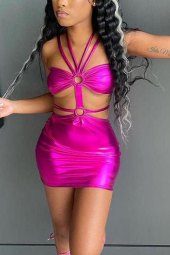sexy slight stretch 3 colors hollow halter-neck ring linked bodycon mini dress