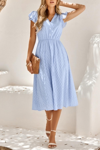 casual 5 colors slight stretch ruffle v-neck single-breasted lined midi dress