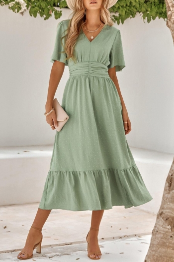 casual solid color non-stretch jacquard v-neck a-line midi dress