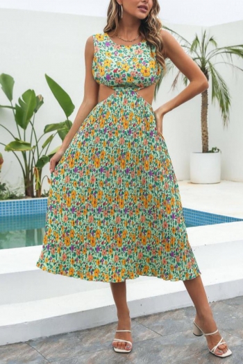 bohemian non-stretch 2 colors floral batch printing hollow pleated midi dress