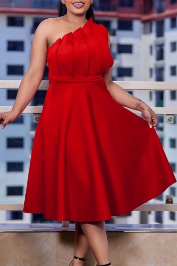 casual plus size slight stretch solid color one shoulder midi dress