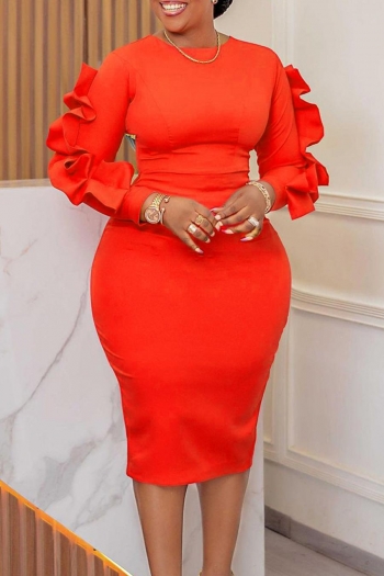 sexy plus size slight stretch solid color ruffle long sleeve midi dress