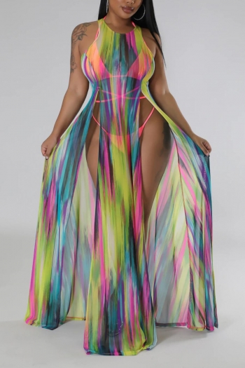 sexy plus size slight stretch mesh print high slit maxi dress three-piece sets