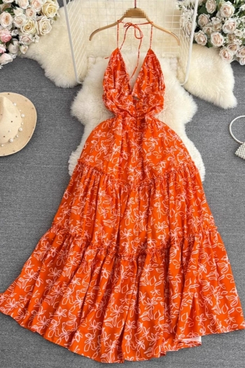 sexy non-stretch floral batch printing halter-neck zip-up midi dress