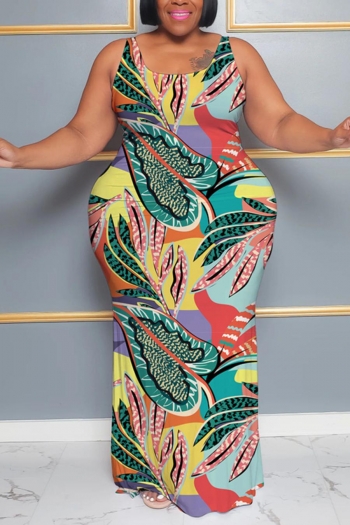 casual plus size slight stretch sleeveless multicolor batch printing maxi dress