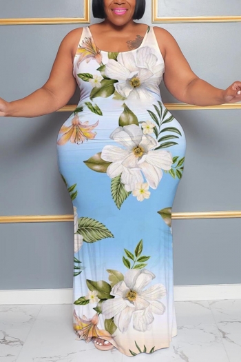 casual plus size slight stretch sleeveless flowers batch printing maxi dress