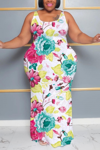 casual plus size slight stretch sleeveless flowers batch printing maxi dress#1