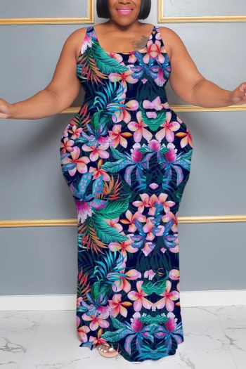 casual plus size slight stretch sleeveless flowers batch printing maxi dress#2