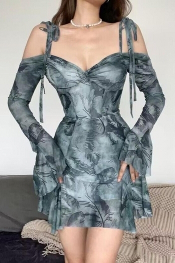 sexy stretch leaf printing off-the-shoulder flared sleeve lined mini dress