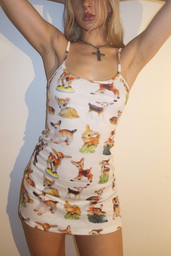 sexy slight stretch cartoon deer printing slim mini dress