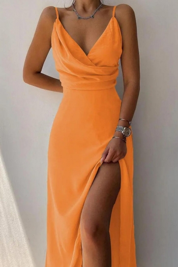 sexy plus size non-stretch solid color sling zip-up slit maxi dress