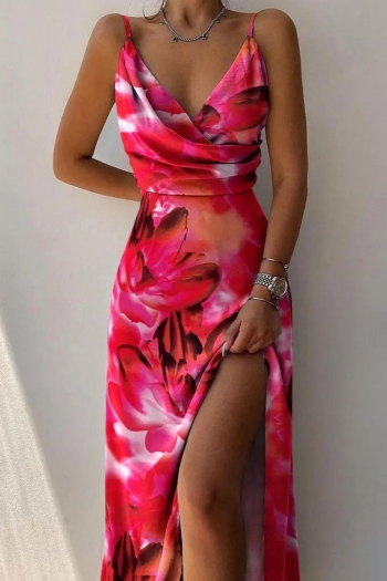 sexy plus size non-stretch flower printing sling zip-up slit maxi dress