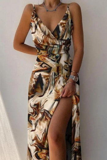 sexy plus size non-stretch batch printing sling zip-up slit maxi dress