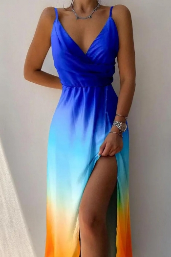 sexy plus size non-stretch gradient printing sling zip-up slit maxi dress