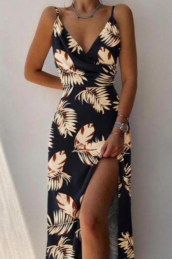 sexy plus size non-stretch leaf printing sling zip-up slit maxi dress