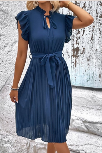 casual non-stretch pleated ruffle lace-up with belt midi dress