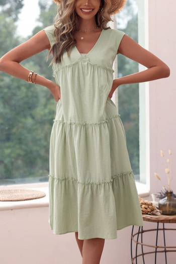casual non-stretch cotton linen shirring loose midi dress